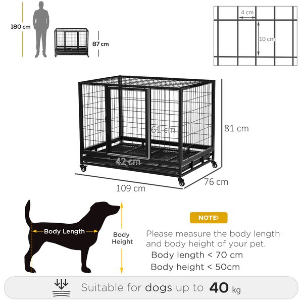 PawHut Xl Dog Crate, 43" Heavy Duty, Metal Pet Cage with Crate Tray and Wheels, Black, Large Aosom UK