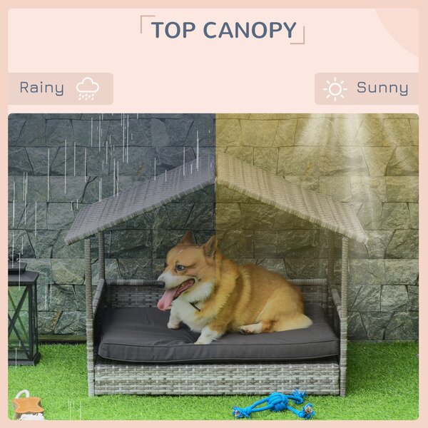 PawHut Wicker Dog Bed with Canopy, Removable Cushion Rattan Pet House for Small to Medium Dogs, Dark Grey Aosom UK