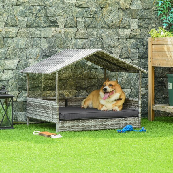 PawHut Wicker Dog Bed with Canopy, Removable Cushion Rattan Pet House for Small to Medium Dogs, Dark Grey Aosom UK