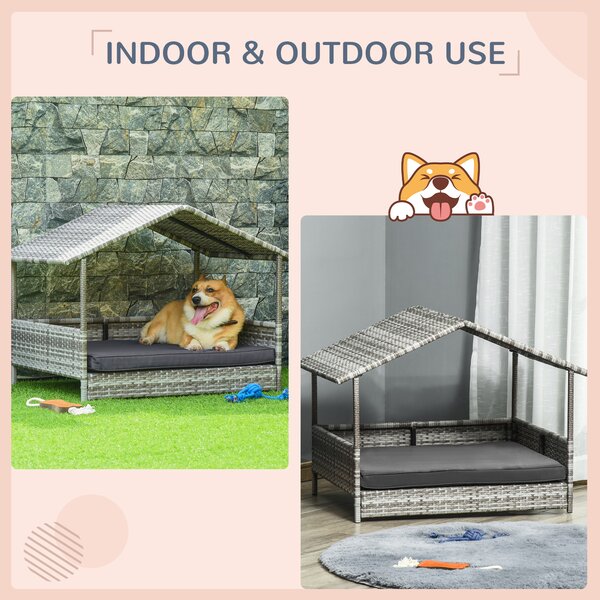 PawHut Wicker Dog Bed with Canopy, Removable Cushion Rattan Pet House for Small to Medium Dogs, Dark Grey Aosom UK
