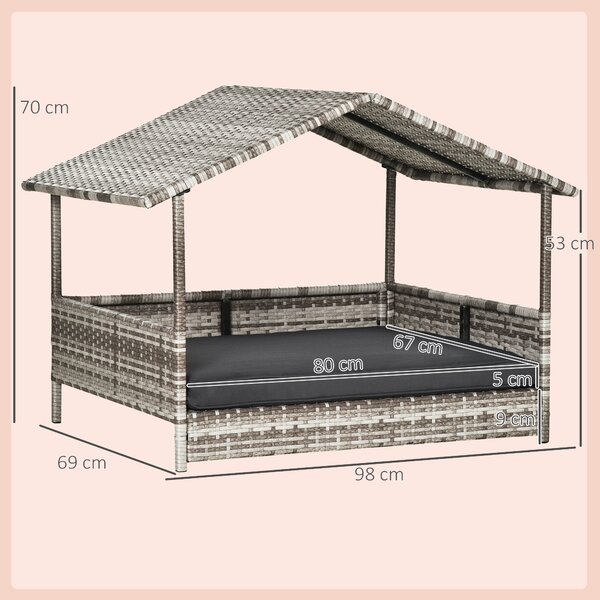 PawHut Wicker Dog Bed with Canopy, Removable Cushion Rattan Pet House for Small to Medium Dogs, Dark Grey Aosom UK