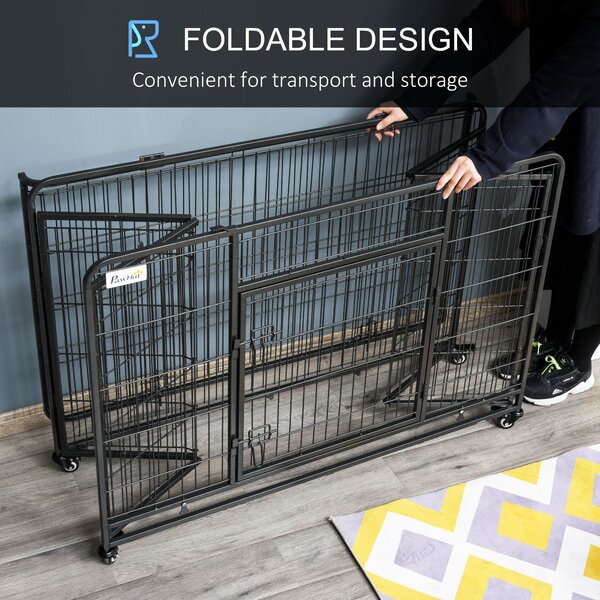 PawHut Folding Heavy-Duty Dog Crate: Double Door Pet Kennel with Removable Tray, Lockable Wheels, 125cm x 76cm x 81cm Aosom UK