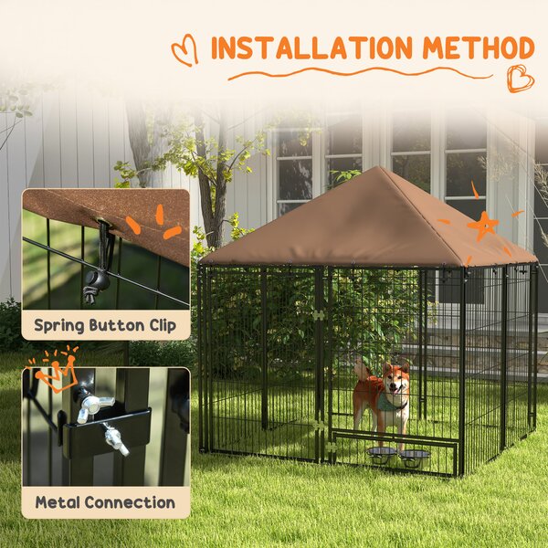 PawHut Outdoor Dog Kennel Puppy Play Pen with Canopy Garden Playpen Fence Crate Enclosure Cage Rotating Bowl 141 x 141 x 151 cm Aosom UK