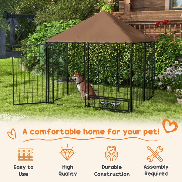 PawHut Outdoor Dog Kennel Puppy Play Pen with Canopy Garden Playpen Fence Crate Enclosure Cage Rotating Bowl 141 x 141 x 151 cm Aosom UK