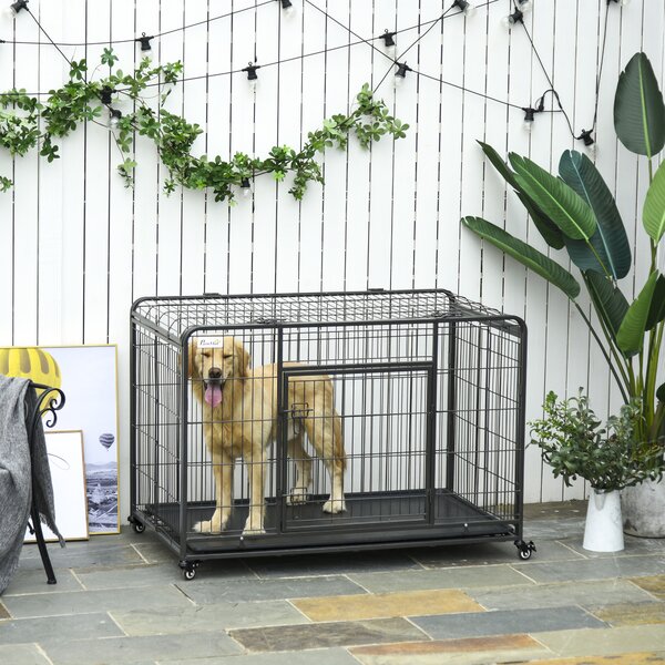 PawHut Folding Heavy-Duty Dog Crate: Double Door Pet Kennel with Removable Tray, Lockable Wheels, 125cm x 76cm x 81cm Aosom UK