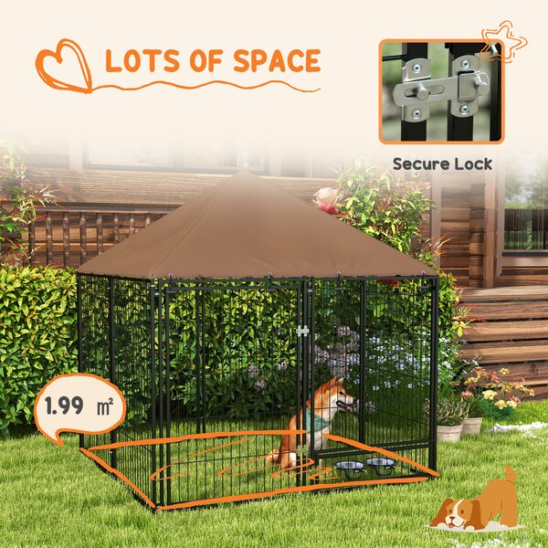 PawHut Outdoor Dog Kennel Puppy Play Pen with Canopy Garden Playpen Fence Crate Enclosure Cage Rotating Bowl 141 x 141 x 151 cm Aosom UK