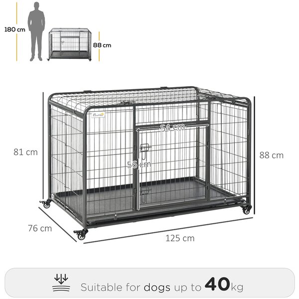 PawHut Folding Heavy-Duty Dog Crate: Double Door Pet Kennel with Removable Tray, Lockable Wheels, 125cm x 76cm x 81cm Aosom UK