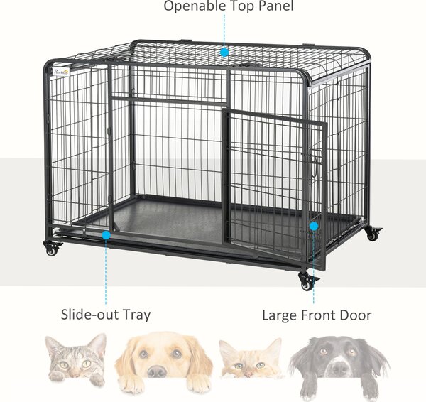 PawHut Folding Heavy-Duty Dog Crate: Double Door Pet Kennel with Removable Tray, Lockable Wheels, 125cm x 76cm x 81cm Aosom UK