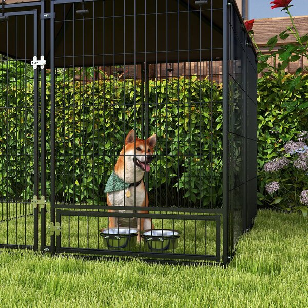 PawHut Outdoor Dog Kennel Puppy Play Pen with Canopy Garden Playpen Fence Crate Enclosure Cage Rotating Bowl 141 x 141 x 151 cm Aosom UK