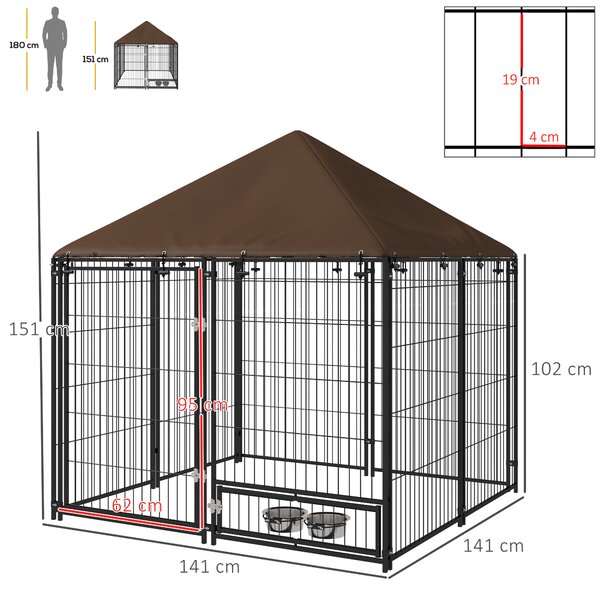 PawHut Outdoor Dog Kennel Puppy Play Pen with Canopy Garden Playpen Fence Crate Enclosure Cage Rotating Bowl 141 x 141 x 151 cm Aosom UK