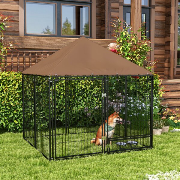 PawHut Outdoor Dog Kennel Puppy Play Pen with Canopy Garden Playpen Fence Crate Enclosure Cage Rotating Bowl 141 x 141 x 151 cm Aosom UK