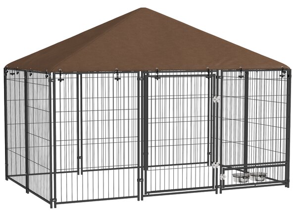 PawHut Outdoor Dog Kennel Puppy Play Pen with Canopy Garden Playpen Fence Crate Enclosure Cage Rotating Bowl 211 x 141 x 151 cm Aosom UK