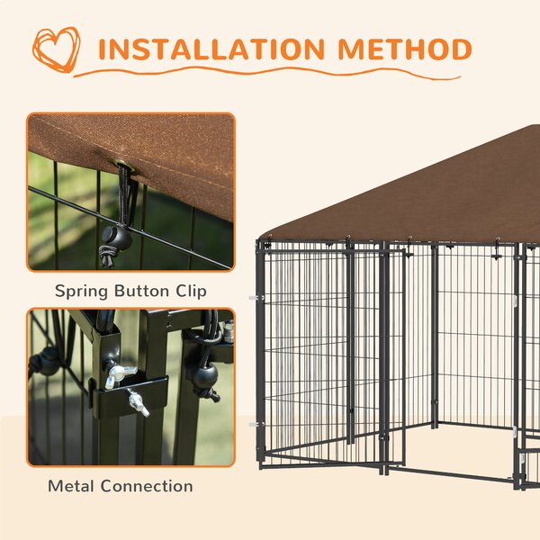 PawHut Outdoor Dog Kennel Puppy Play Pen with Canopy Garden Playpen Fence Crate Enclosure Cage Rotating Bowl 211 x 141 x 151 cm Aosom UK