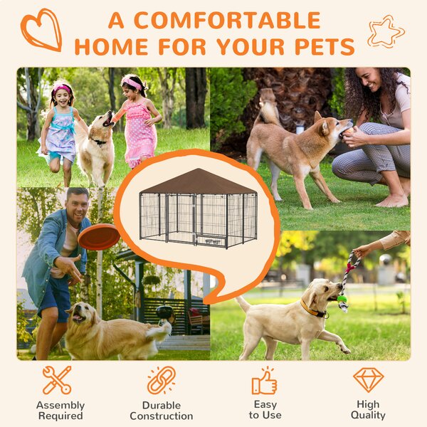 PawHut Outdoor Dog Kennel Puppy Play Pen with Canopy Garden Playpen Fence Crate Enclosure Cage Rotating Bowl 211 x 141 x 151 cm Aosom UK
