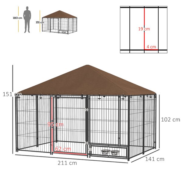 PawHut Outdoor Dog Kennel Puppy Play Pen with Canopy Garden Playpen Fence Crate Enclosure Cage Rotating Bowl 211 x 141 x 151 cm Aosom UK