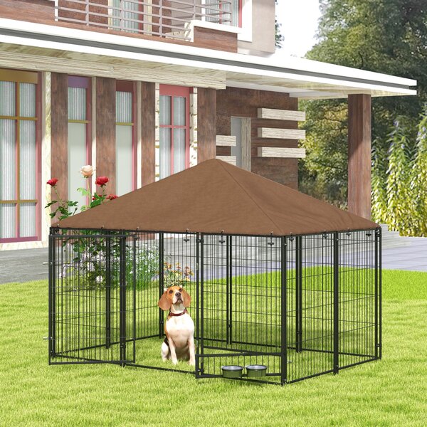 PawHut Outdoor Dog Kennel Puppy Play Pen with Canopy Garden Playpen Fence Crate Enclosure Cage Rotating Bowl 211 x 141 x 151 cm Aosom UK