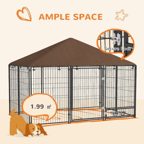 PawHut Outdoor Dog Kennel Puppy Play Pen with Canopy Garden Playpen Fence Crate Enclosure Cage Rotating Bowl 211 x 141 x 151 cm Aosom UK