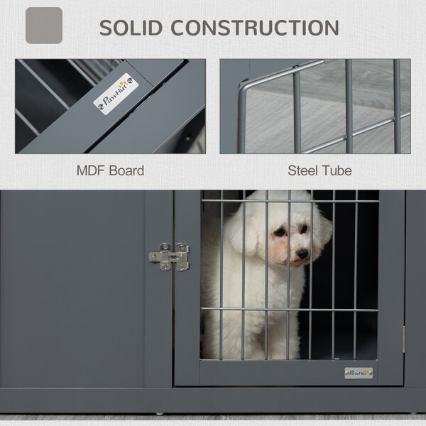 PawHut Pets at Home Dog Crate, Indoor Dog Kennel End Table, Decorative Puppy House, with Double Doors, Locks, for Small & Medium Dogs, Grey Aosom UK