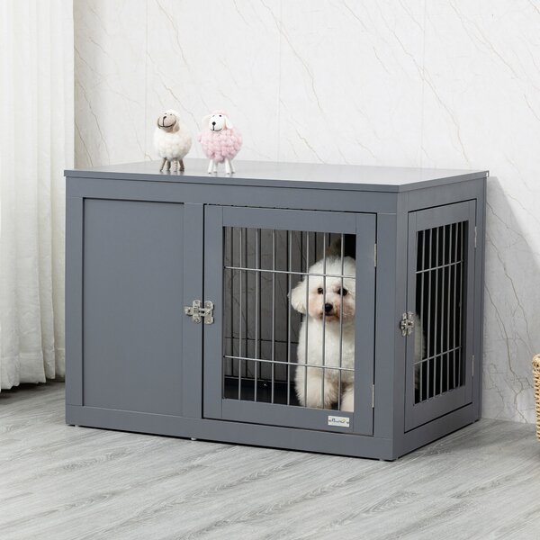 PawHut Pets at Home Dog Crate, Indoor Dog Kennel End Table, Decorative Puppy House, with Double Doors, Locks, for Small & Medium Dogs, Grey Aosom UK