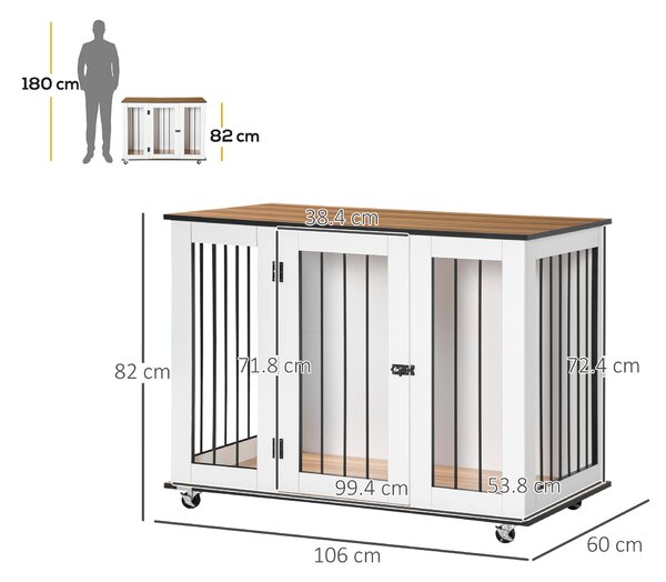 PawHut Dog Cage End Table with Five Wheels, Dog Crate Furniture for Large Sized Dogs, with Front Door Latch, Indoor Use, White Aosom UK