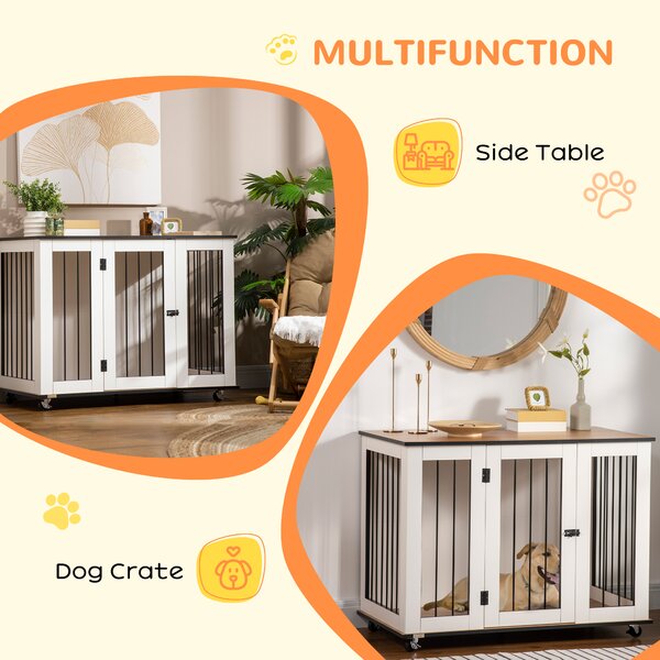 PawHut Dog Cage End Table with Five Wheels, Dog Crate Furniture for Large Sized Dogs, with Front Door Latch, Indoor Use, White Aosom UK