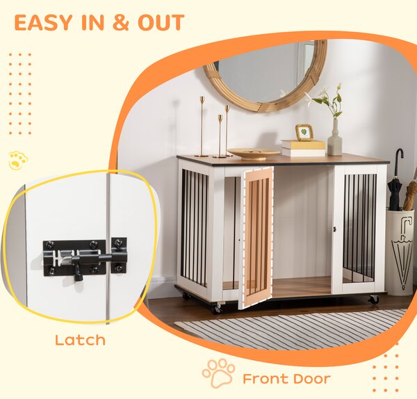 PawHut Dog Cage End Table with Five Wheels, Dog Crate Furniture for Large Sized Dogs, with Front Door Latch, Indoor Use, White Aosom UK