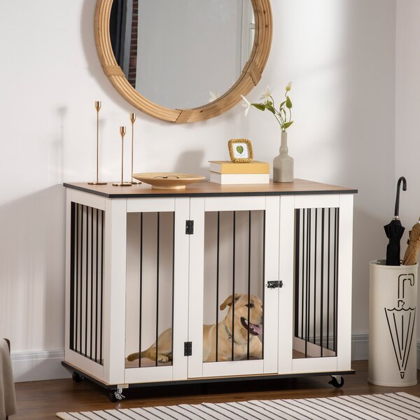 PawHut Dog Cage End Table with Five Wheels, Dog Crate Furniture for Large Sized Dogs, with Front Door Latch, Indoor Use, White Aosom UK