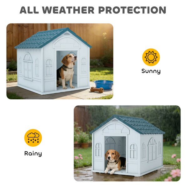PawHut Durable Dog Kennel Weather-Resistant Plastic Pet House for Indoor & Outdoor Use, Medium Size, White and Blue Aosom UK