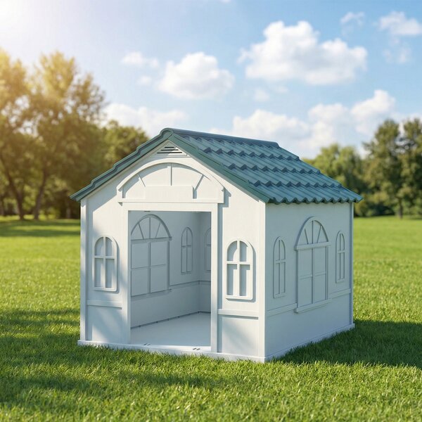 PawHut Durable Dog Kennel Weather-Resistant Plastic Pet House for Indoor & Outdoor Use, Medium Size, White and Blue Aosom UK