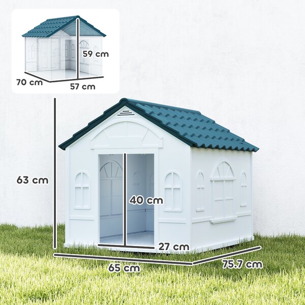 PawHut Durable Dog Kennel Weather-Resistant Plastic Pet House for Indoor & Outdoor Use, Medium Size, White and Blue Aosom UK