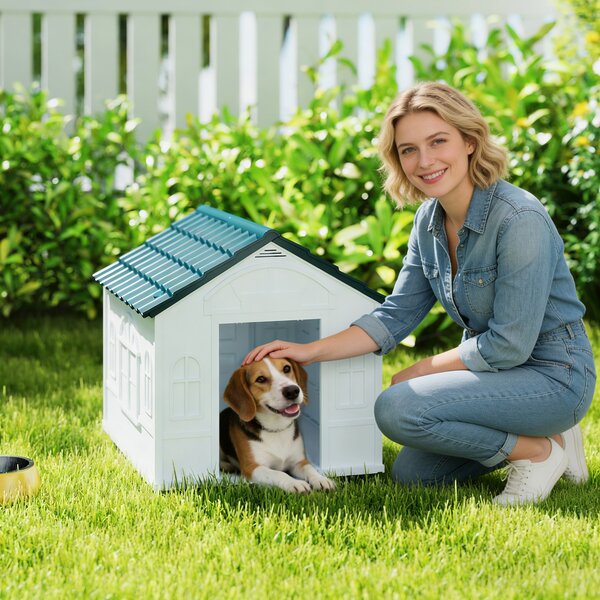 PawHut Durable Dog Kennel Weather-Resistant Plastic Pet House for Indoor & Outdoor Use, Medium Size, White and Blue Aosom UK