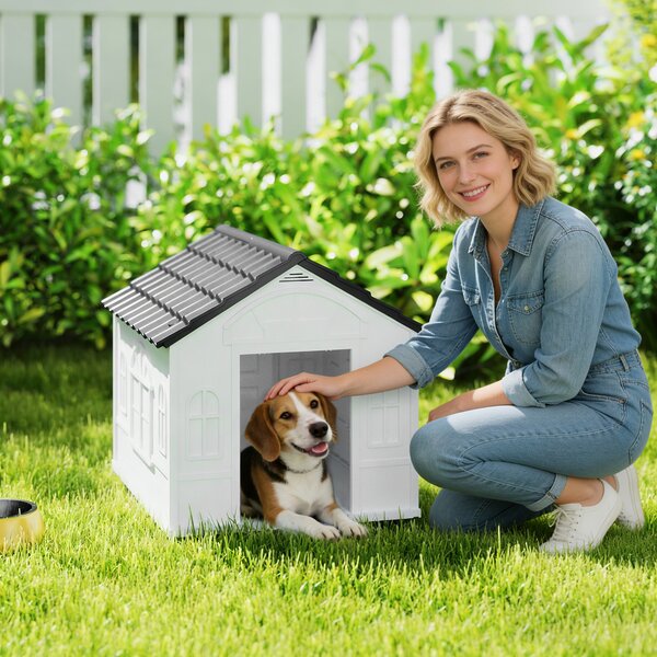 PawHut Plastic Weatherproof Dog House, Grey
