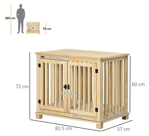 PawHut Wooden Dog Crate, with Double Doors, Cushion, for Medium Dogs - Natural Finish