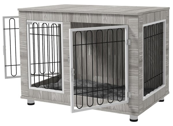 PawHut Dog Crate Furniture， Indoor Dog Kennel w/ Soft Cushion & Double Doors, for Large Dogs, 106 x 74 x 81.5cm, Grey Aosom UK