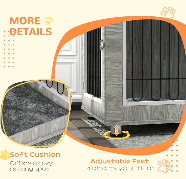 PawHut Dog Crate Furniture， Indoor Dog Kennel w/ Soft Cushion & Double Doors, for Large Dogs, 106 x 74 x 81.5cm, Grey Aosom UK