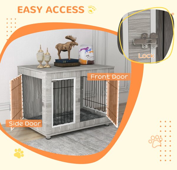 PawHut Dog Crate Furniture， Indoor Dog Kennel w/ Soft Cushion & Double Doors, for Large Dogs, 106 x 74 x 81.5cm, Grey Aosom UK