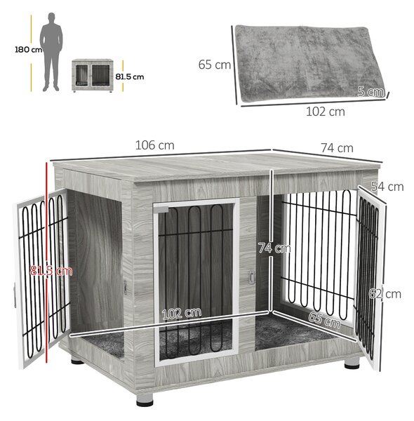PawHut Dog Crate Furniture， Indoor Dog Kennel w/ Soft Cushion & Double Doors, for Large Dogs, 106 x 74 x 81.5cm, Grey Aosom UK
