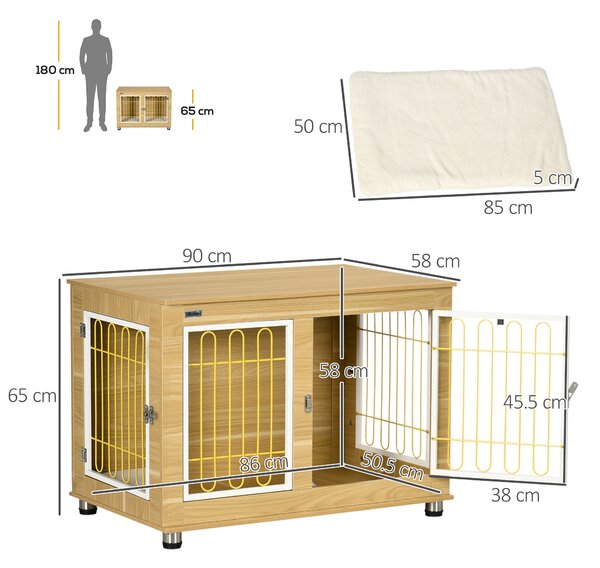 PawHut Dog Crate Furniture, Dog Cage End Table. with Soft Cushion, Double Door - Oak Tone Aosom UK