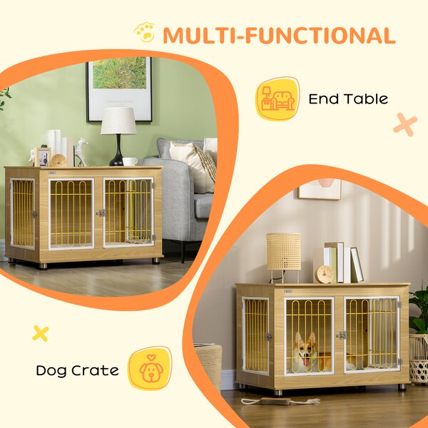 PawHut Dog Crate Furniture, Dog Cage End Table. with Soft Cushion, Double Door - Oak Tone Aosom UK