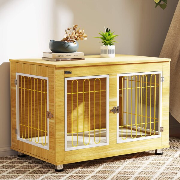 PawHut Dog Crate Furniture, Dog Cage End Table. with Soft Cushion, Double Door - Oak Tone Aosom UK