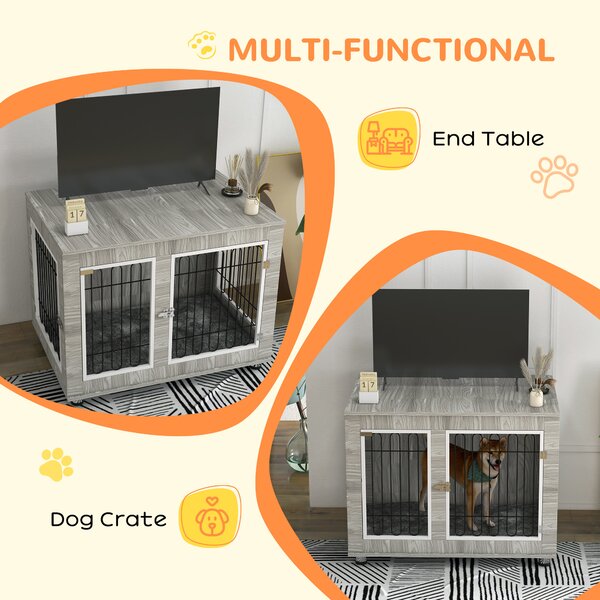 PawHut Dog Crate Furniture， Indoor Dog Kennel w/ Soft Cushion & Double Doors, for Large Dogs, 106 x 74 x 81.5cm, Grey Aosom UK
