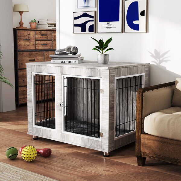 PawHut Dog Crate Furniture， Indoor Dog Kennel w/ Soft Cushion & Double Doors, for Large Dogs, 106 x 74 x 81.5cm, Grey Aosom UK