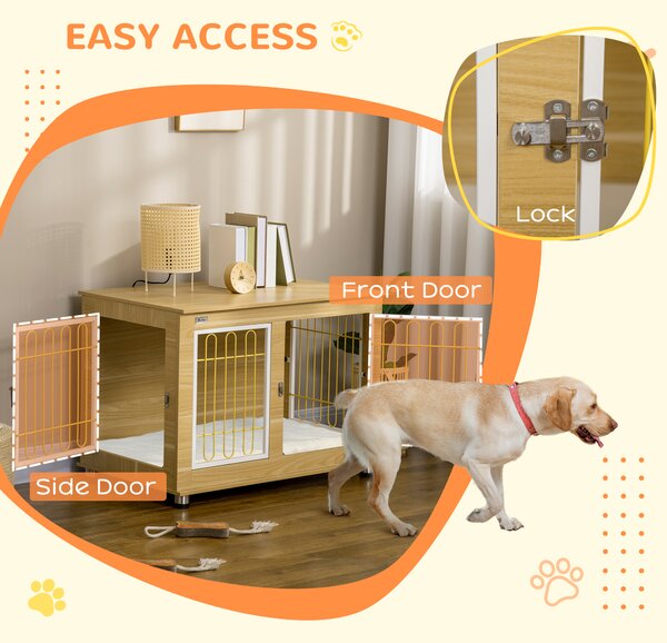 PawHut Dog Crate Furniture, Dog Cage End Table. with Soft Cushion, Double Door - Oak Tone Aosom UK