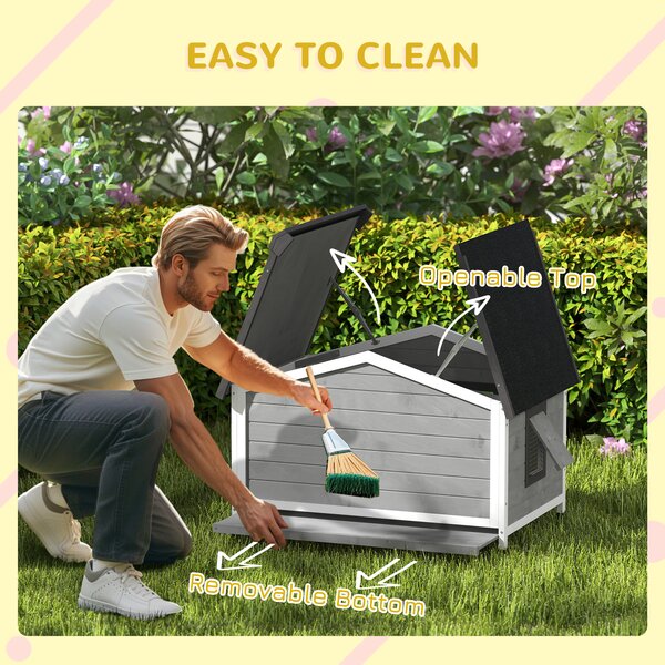 PawHut Large Wooden Dog Kennel with Openable Top, Asphalt Roof, Windows, Curtain, Removable Tray, Adjustable Legs, Grey Aosom UK