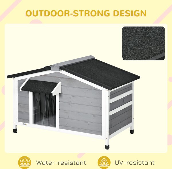 PawHut Large Wooden Dog Kennel with Openable Top, Asphalt Roof, Windows, Curtain, Removable Tray, Adjustable Legs, Grey Aosom UK