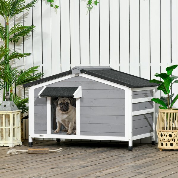 PawHut Large Wooden Dog Kennel with Openable Top, Asphalt Roof, Windows, Curtain, Removable Tray, Adjustable Legs, Grey Aosom UK