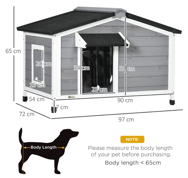 PawHut Large Wooden Dog Kennel with Openable Top, Asphalt Roof, Windows, Curtain, Removable Tray, Adjustable Legs, Grey Aosom UK