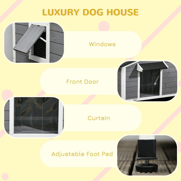 PawHut Large Wooden Dog Kennel with Openable Top, Asphalt Roof, Windows, Curtain, Removable Tray, Adjustable Legs, Grey Aosom UK
