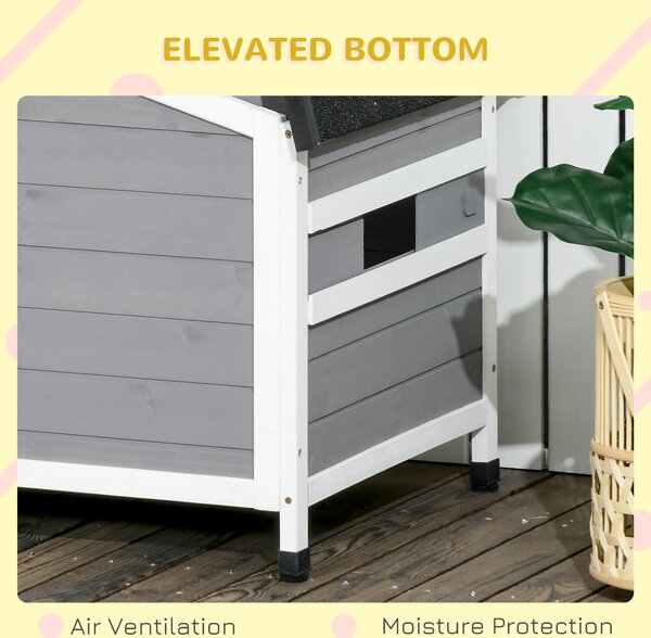PawHut Large Wooden Dog Kennel with Openable Top, Asphalt Roof, Windows, Curtain, Removable Tray, Adjustable Legs, Grey Aosom UK
