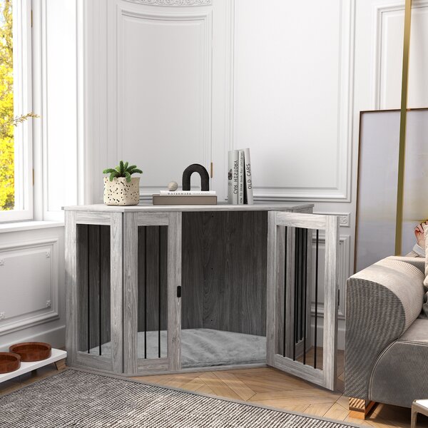 PawHut 2 in 1 Dog Crate Furniture Side Table, with Cushion, 122 x 61 x 71cm - Grey Aosom UK